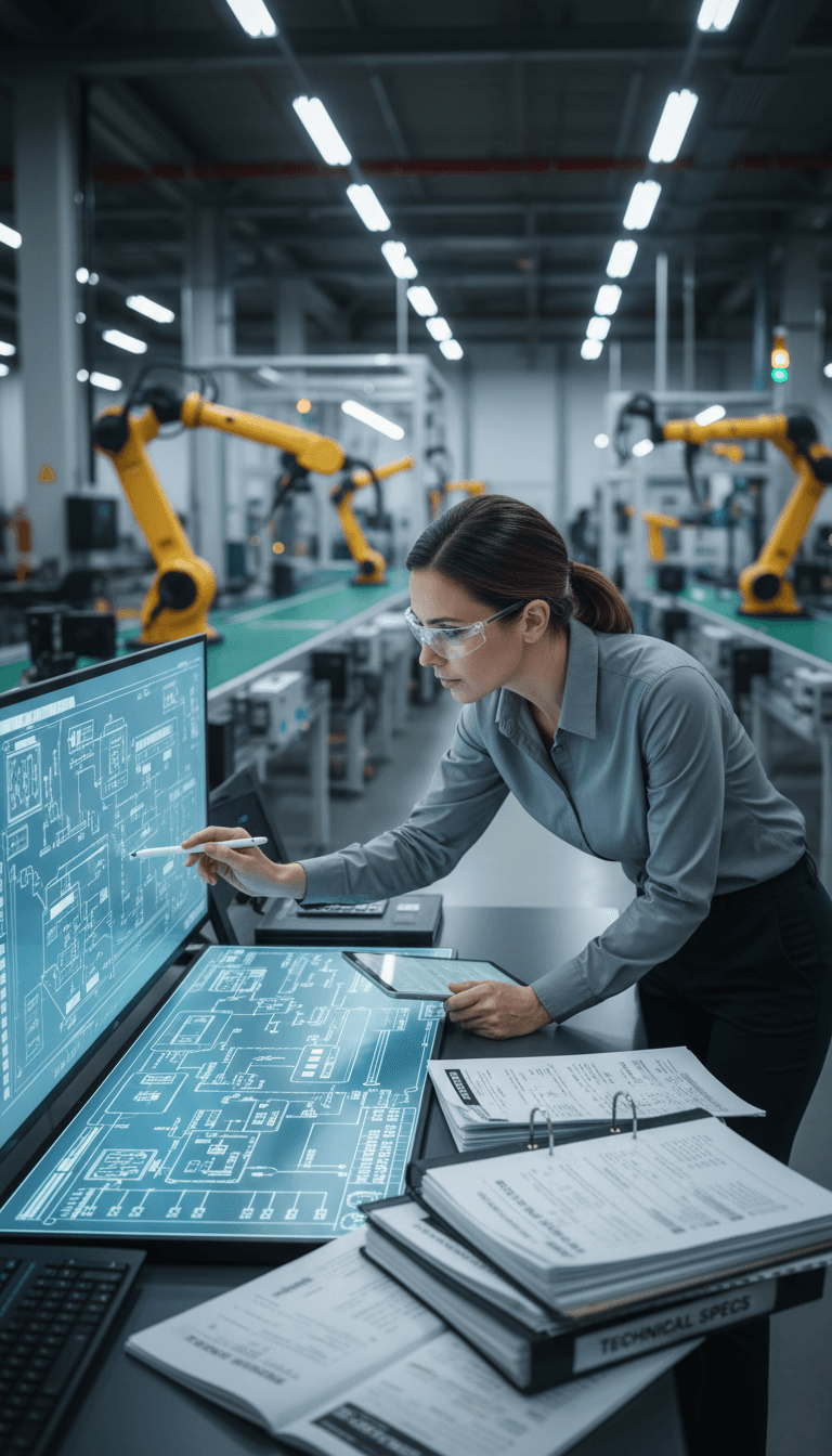 Ingeniero revisando planos y especificaciones técnicas de línea de producción
