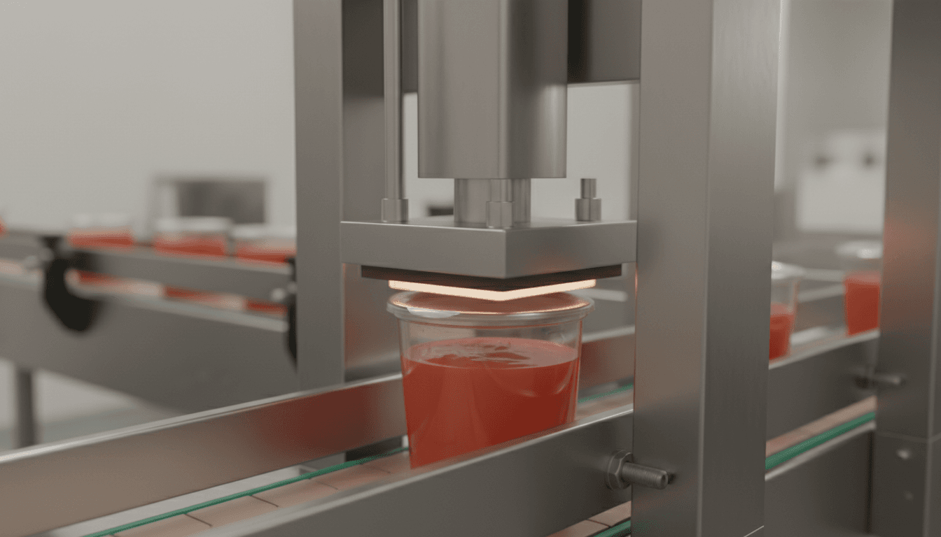 Automatic sealing machine closing transparent PET container with beverage on production line