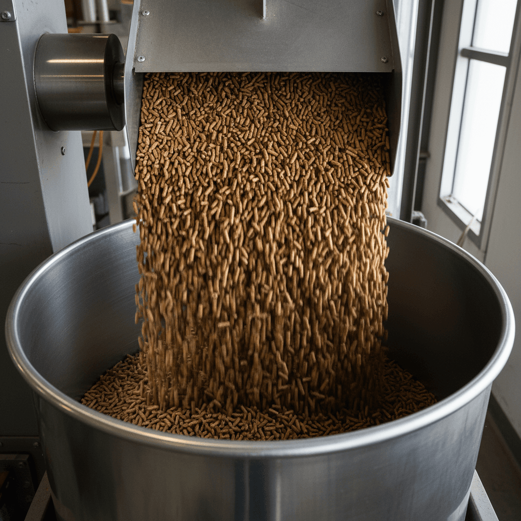 Finished animal feed pellets cascading from discharge chute into stainless steel collection bin during production