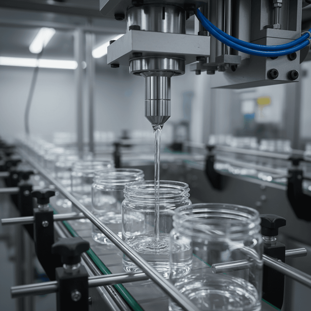 Precision filling machine nozzle dispensing liquid product into containers on automated production line