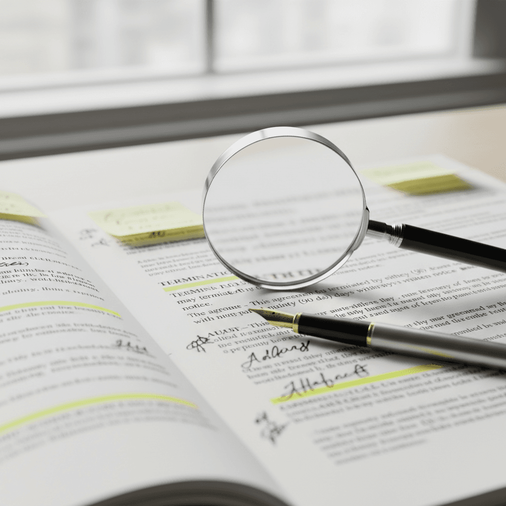 Close-up of contract pages with highlighted text, annotations, magnifying glass, and fountain pen emphasizing document analysis