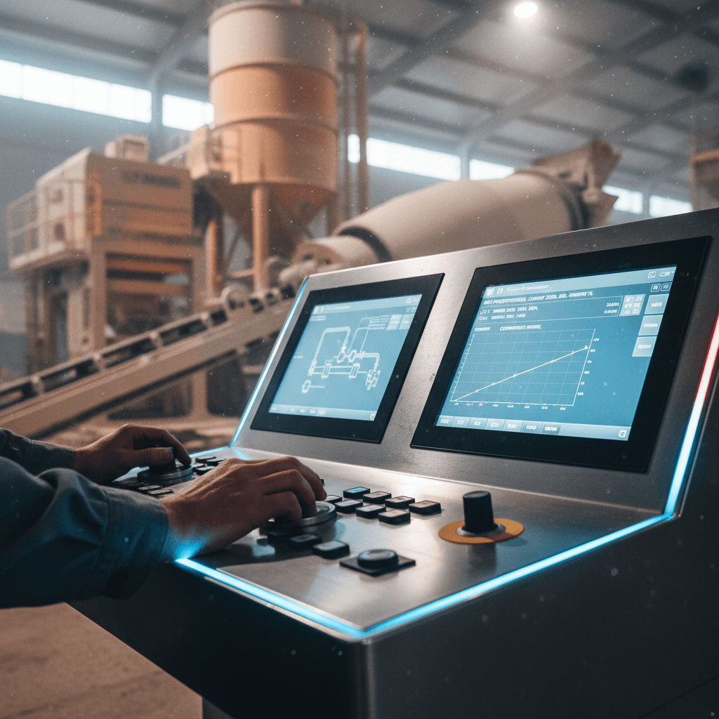 Operator's hands adjusting digital controls on concrete batching plant dashboard with illuminated displays